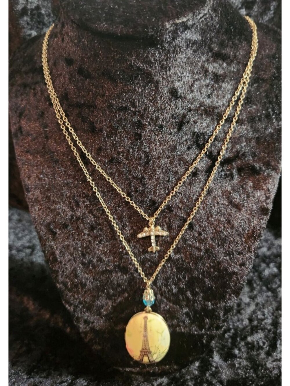 Betsey Johnson Eiffel Tower Locket & Crystal Airplane Charm Gold-Tone Double-Lay